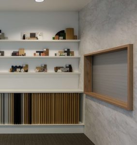 Sage Doors commercial servery roller door anodized aluminium closed in office space