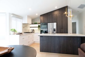 Nest Interiors & Design - Sage Doors Timbalook Rangitoto and White kitchen with island - Alt View 2