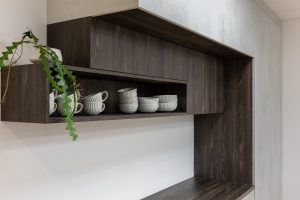 Sage Doors Timbalook Rangitoto and Lookcrete Loutro Kitchen - Open Shelf - Alt View