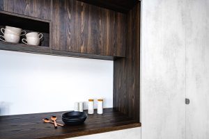 Sage Doors Timbalook Rangitoto and Lookcrete Loutro Kitchen - Open Shelf