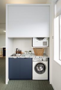 Large Lacquered Roller Door for Laundry Space - with Timbalook Waiheke + Acrymatte Takahe with Handle Cutouts - Alt View