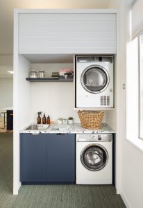 Large Lacquered Roller Door for Laundry Space - with Timbalook Waiheke + Acrymatte Takahe with Handle Cutouts