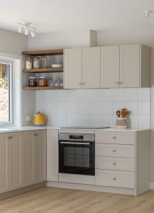 Sage Doors Opticoat Utah Latte Matte Kitchen with Timbalook Ohakune shelves