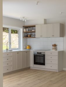 Sage Doors Opticoat Utah Latte Matte Kitchen with Timbalook Ohakune shelves