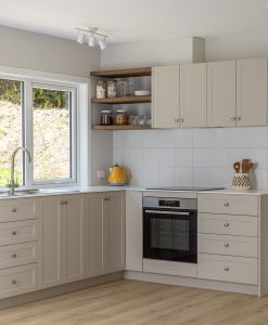 Sage Doors Opticoat Utah Latte Matte Kitchen with Timbalook Ohakune shelves