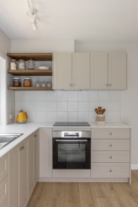 Sage Doors Opticoat Utah Latte Matte Kitchen with Timbalook Ohakune shelves