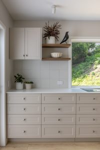 Sage Doors Opticoat Utah Latte Matte Kitchen with Timbalook Ohakune shelves