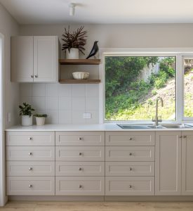 Sage Doors Opticoat Utah Latte Matte Kitchen with Timbalook Ohakune shelves