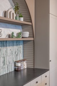 Sage Doors kitchen Opticoat Utah Latte Matte California Flexipanel Texas Flexipanel Olive Grove Matte Timbalook Kaikoura and shelves and Textaura Sophie