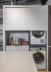 Sage Doors laundry roller door Opticoat Vanilla Cupcake, Feather White, Timbalook Rangitoto