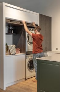 Sage Doors laundry roller door Opticoat Vanilla Cupcake, Feather White, Timbalook Rangitoto