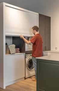 Sage Doors laundry roller door Opticoat Vanilla Cupcake, Feather White, Timbalook Rangitoto