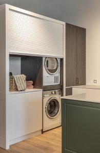 Sage Doors laundry roller door Opticoat Vanilla Cupcake, Feather White, Timbalook Rangitoto