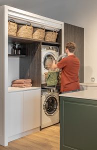 Sage Doors laundry roller door Opticoat Vanilla Cupcake, Feather White, Timbalook Rangitoto