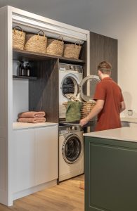 Sage Doors laundry roller door Opticoat Vanilla Cupcake, Feather White, Timbalook Rangitoto