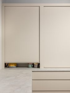 Sage Doors pantry appliance garage roller door Opticoat Almond Matte, J Handle, Profile Handle, Timbalook Ruakaka, Shelves, Opticoat Tennessee back panel