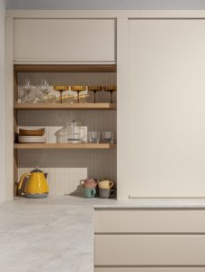 Sage Doors pantry appliance garage roller door Opticoat Almond Matte, J Handle, Profile Handle, Timbalook Ruakaka, Shelves, Opticoat Tennessee back panel