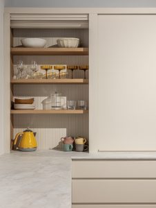 Sage Doors pantry appliance garage roller door Opticoat Almond Matte, J Handle, Profile Handle, Timbalook Ruakaka, Shelves, Opticoat Tennessee back panel