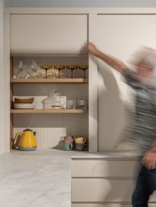 Sage Doors pantry appliance garage roller door Opticoat Almond Matte, J Handle, Profile Handle, Timbalook Ruakaka, Shelves, Opticoat Tennessee back panel