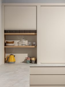 Sage Doors pantry appliance garage roller door Opticoat Almond Matte, J Handle, Profile Handle, Timbalook Ruakaka, Shelves, Opticoat Tennessee back panel