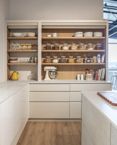 Sage Doors pantry appliance garage roller door Opticoat Almond Matte, J Handle, Profile Handle, Timbalook Ruakaka, Shelves, Opticoat Tennessee back panel