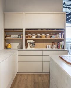 Sage Doors pantry appliance garage roller door Opticoat Almond Matte, J Handle, Profile Handle, Timbalook Ruakaka, Shelves, Opticoat Tennessee back panel