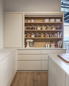 Sage Doors pantry appliance garage roller door Opticoat Almond Matte, J Handle, Profile Handle, Timbalook Ruakaka, Shelves, Opticoat Tennessee back panel