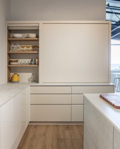 Sage Doors pantry appliance garage roller door Opticoat Almond Matte, J Handle, Profile Handle, Timbalook Ruakaka, Shelves, Opticoat Tennessee back panel