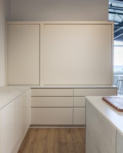 Sage Doors pantry appliance garage roller door Opticoat Almond Matte, J Handle, Profile Handle, Timbalook Ruakaka, Shelves, Opticoat Tennessee back panel