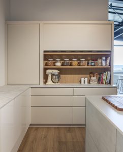 Sage Doors pantry appliance garage roller door Opticoat Almond Matte, J Handle, Profile Handle, Timbalook Ruakaka, Shelves, Opticoat Tennessee back panel