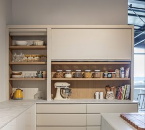 Sage Doors pantry appliance garage roller door Opticoat Almond Matte, J Handle, Profile Handle, Timbalook Ruakaka, Shelves, Opticoat Tennessee back panel