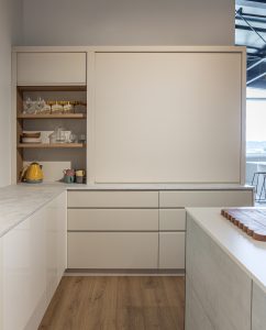 Sage Doors pantry appliance garage roller door Opticoat Almond Matte, J Handle, Profile Handle, Timbalook Ruakaka, Shelves, Opticoat Tennessee back panel