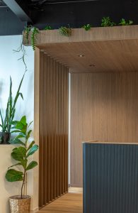Sage Doors reception desk Opticoat Chicago flexipanel Panther Woodgrain with Timbalook Ohakune battens and wall and ceiling panels