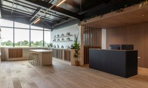 Sage Doors reception desk Opticoat Chicago flexipanel Panther Woodgrain with Timbalook Ohakune battens and wall and ceiling panels