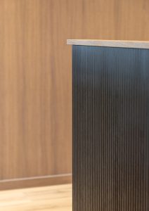 Sage Doors reception desk Opticoat Chicago flexipanel Panther Woodgrain with Timbalook Ohakune battens and wall and ceiling panels