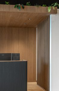 Sage Doors reception desk Opticoat Chicago flexipanel Panther Woodgrain with Timbalook Ohakune battens and wall and ceiling panels