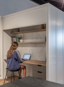 Sage Doors study nook roller door Acrymatte Coconut Timbalook Matakana Textaura Sophie Acrymatte Possum