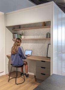 Sage Doors study nook roller door Acrymatte Coconut Timbalook Matakana Textaura Sophie Acrymatte Possum