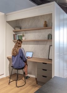 Sage Doors study nook roller door Acrymatte Coconut Timbalook Matakana Textaura Sophie Acrymatte Possum