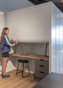 Sage Doors study nook roller door Acrymatte Coconut Timbalook Matakana Textaura Sophie Acrymatte Possum