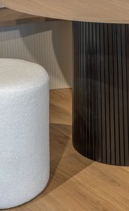 Sage Doors table leg with Oak Beaded Panel stained black, Pennsylvania Flexipanel Latte Matte, Timbalook Kaikoura table