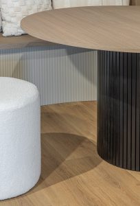 Sage Doors table leg with Oak Beaded Panel stained black, Pennsylvania Flexipanel Latte Matte, Timbalook Kaikoura table