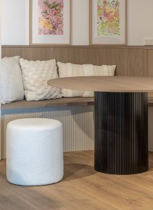 Sage Doors table leg with Oak Beaded Panel stained black, Pennsylvania Flexipanel Latte Matte, Timbalook Kaikoura table