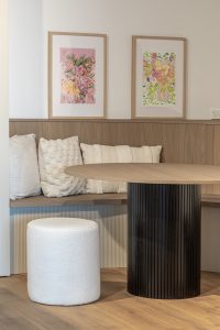 Sage Doors table leg with Oak Beaded Panel stained black, Pennsylvania Flexipanel Latte Matte, Timbalook Kaikoura table