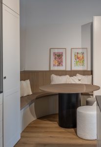 Sage Doors table leg with Oak Beaded Panel stained black, Pennsylvania Flexipanel Latte Matte, Timbalook Kaikoura table